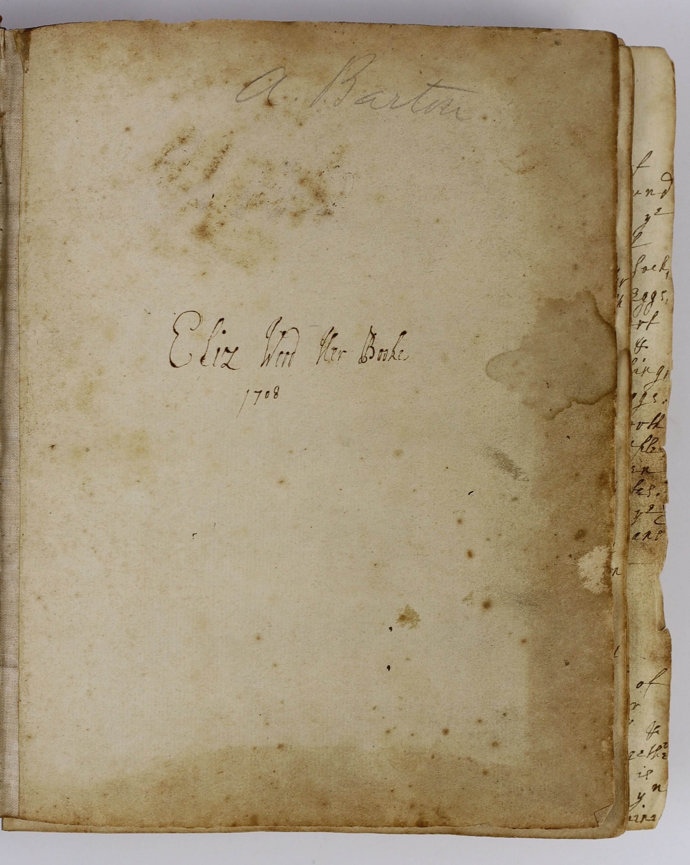 Early Eighteenth Century Manuscript Cookery. 'Eliz. Wood Her Booke. 1708'. 96pp. used (of 270), in a closely written hand, a contemp. panelled calf volume, med. 8vo.; Details some 190 'receipts' of main courses, desserts